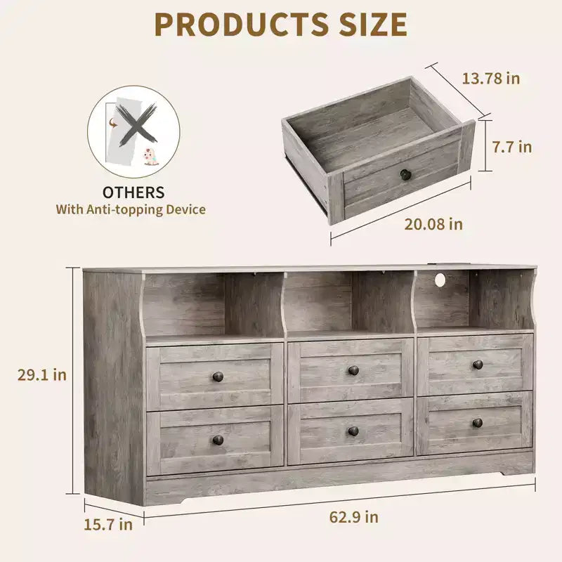 Commode, chiffonnier 6 tiroirs de 160 cm avec lumières RVB et prise de courant, meuble TV en bois avec étagères ouvertes