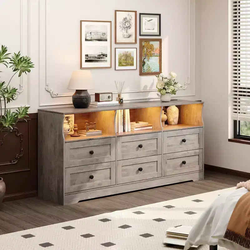 Commode, chiffonnier 6 tiroirs de 160 cm avec lumières RVB et prise de courant, meuble TV en bois avec étagères ouvertes