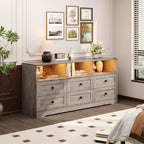 Commode, chiffonnier 6 tiroirs de 160 cm avec lumières RVB et prise de courant, meuble TV en bois avec étagères ouvertes