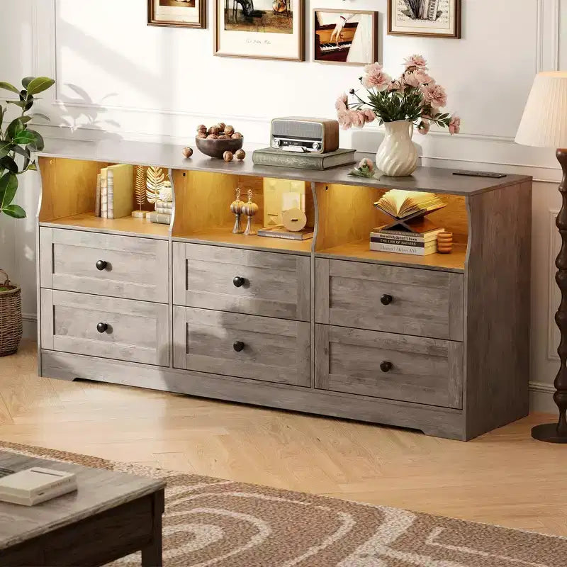 Commode, chiffonnier 6 tiroirs de 160 cm avec lumières RVB et prise de courant, meuble TV en bois avec étagères ouvertes