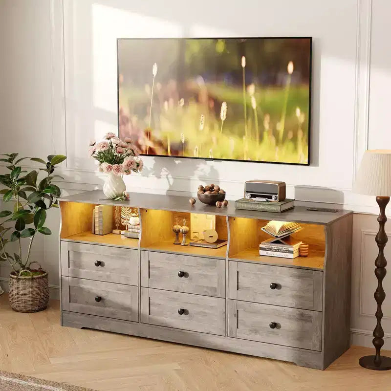Commode, chiffonnier 6 tiroirs de 160 cm avec lumières RVB et prise de courant, meuble TV en bois avec étagères ouvertes