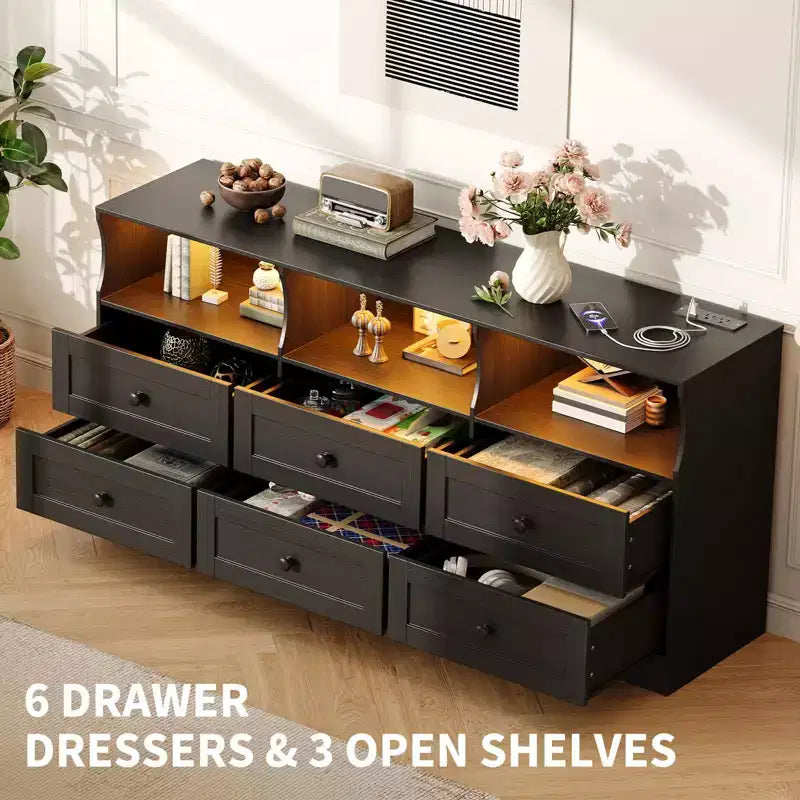 Commode, chiffonnier 6 tiroirs de 160 cm avec lumières RVB et prise de courant, meuble TV en bois avec étagères ouvertes