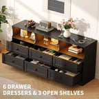 Commode, chiffonnier 6 tiroirs de 160 cm avec lumières RVB et prise de courant, meuble TV en bois avec étagères ouvertes