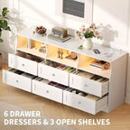 Commode, chiffonnier 6 tiroirs de 160 cm avec lumières RVB et prise de courant, meuble TV en bois avec étagères ouvertes