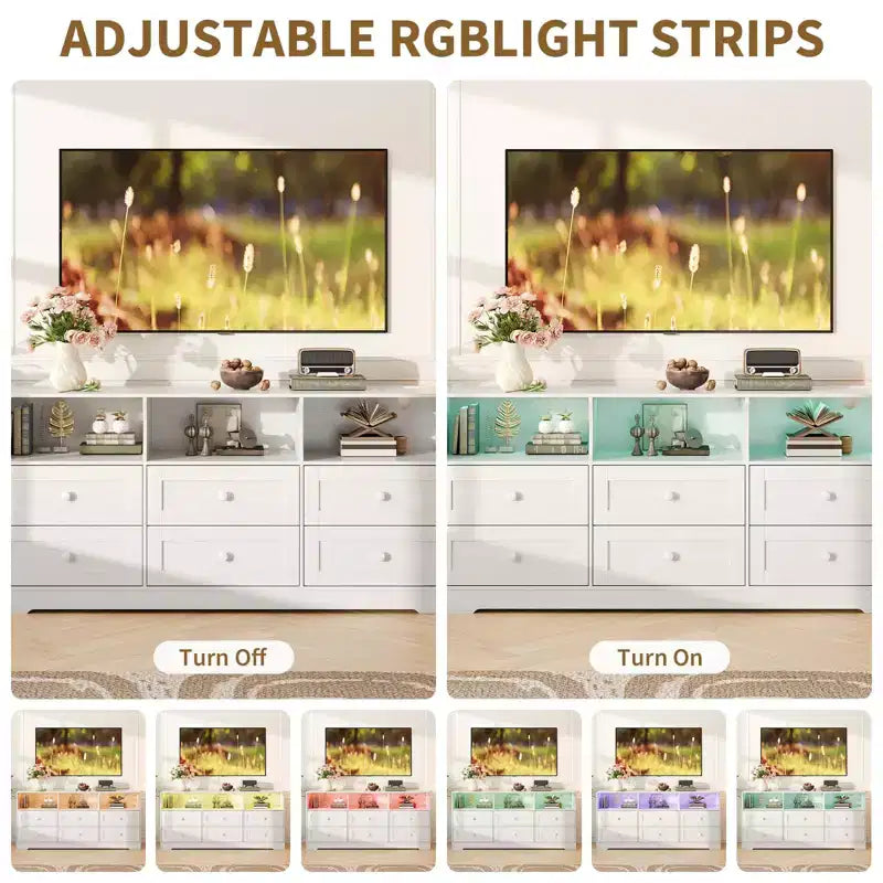 Commode, chiffonnier 6 tiroirs de 160 cm avec lumières RVB et prise de courant, meuble TV en bois avec étagères ouvertes