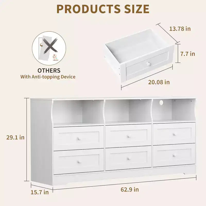 Commode, chiffonnier 6 tiroirs de 160 cm avec lumières RVB et prise de courant, meuble TV en bois avec étagères ouvertes