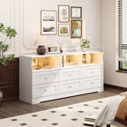 Commode, chiffonnier 6 tiroirs de 160 cm avec lumières RVB et prise de courant, meuble TV en bois avec étagères ouvertes