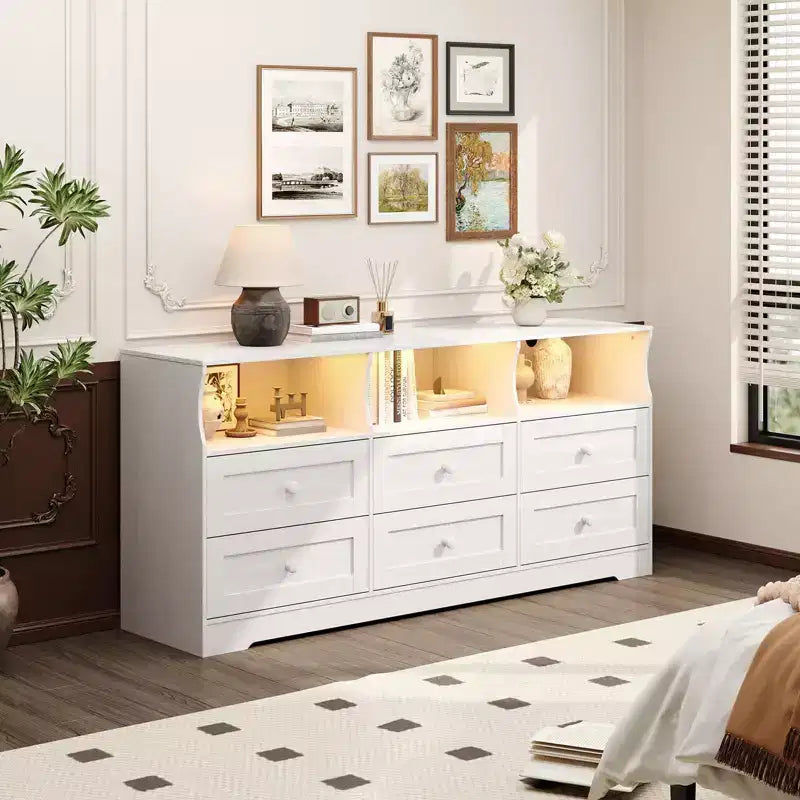 Commode, chiffonnier 6 tiroirs de 160 cm avec lumières RVB et prise de courant, meuble TV en bois avec étagères ouvertes
