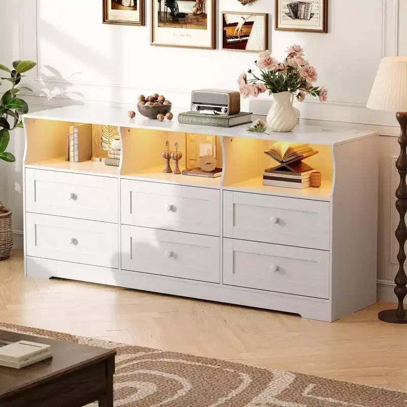 Commode, chiffonnier 6 tiroirs de 160 cm avec lumières RVB et prise de courant, meuble TV en bois avec étagères ouvertes