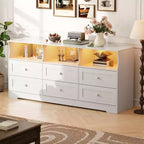 Commode, chiffonnier 6 tiroirs de 160 cm avec lumières RVB et prise de courant, meuble TV en bois avec étagères ouvertes