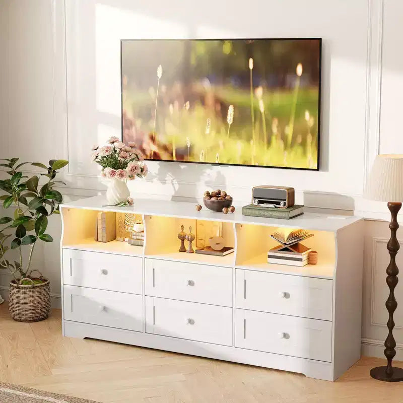 Commode, chiffonnier 6 tiroirs de 160 cm avec lumières RVB et prise de courant, meuble TV en bois avec étagères ouvertes