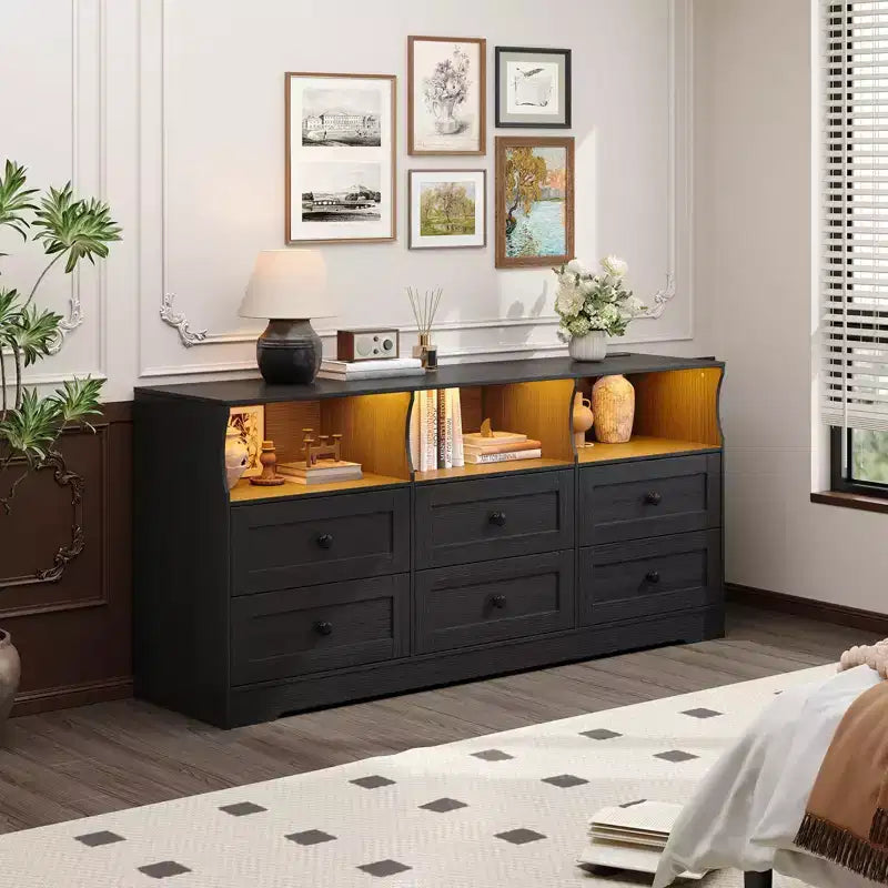 Commode, chiffonnier 6 tiroirs de 160 cm avec lumières RVB et prise de courant, meuble TV en bois avec étagères ouvertes
