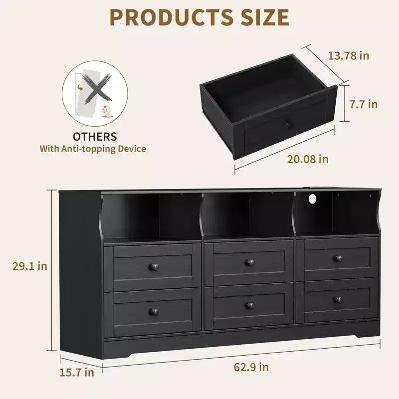 Commode, chiffonnier 6 tiroirs de 160 cm avec lumières RVB et prise de courant, meuble TV en bois avec étagères ouvertes