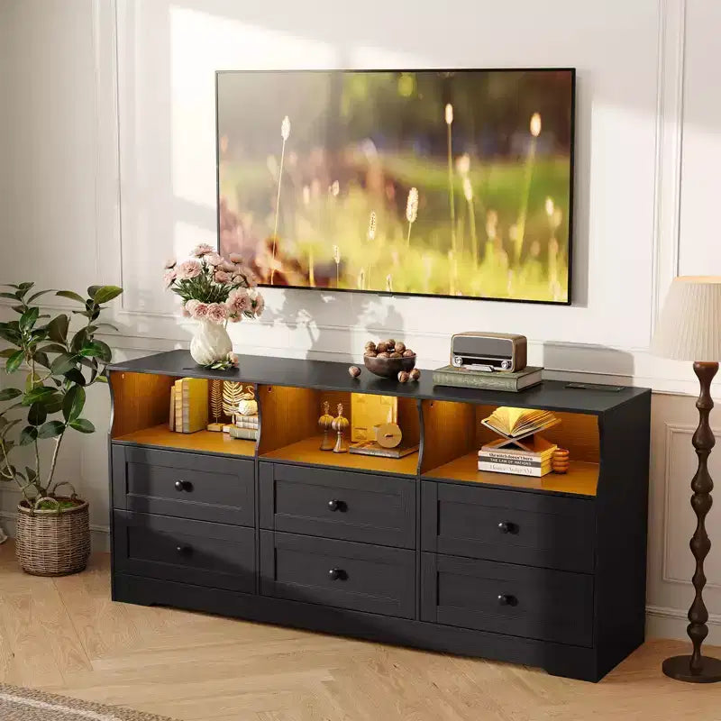 Commode, chiffonnier 6 tiroirs de 160 cm avec lumières RVB et prise de courant, meuble TV en bois avec étagères ouvertes