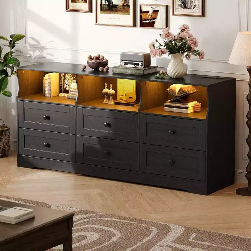 Commode, chiffonnier 6 tiroirs de 160 cm avec lumières RVB et prise de courant, meuble TV en bois avec étagères ouvertes