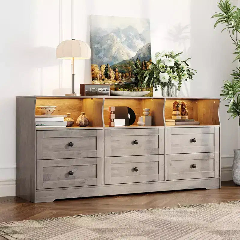 Commode, chiffonnier 6 tiroirs de 160 cm avec lumières RVB et prise de courant, meuble TV en bois avec étagères ouvertes