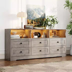 Commode, chiffonnier 6 tiroirs de 160 cm avec lumières RVB et prise de courant, meuble TV en bois avec étagères ouvertes