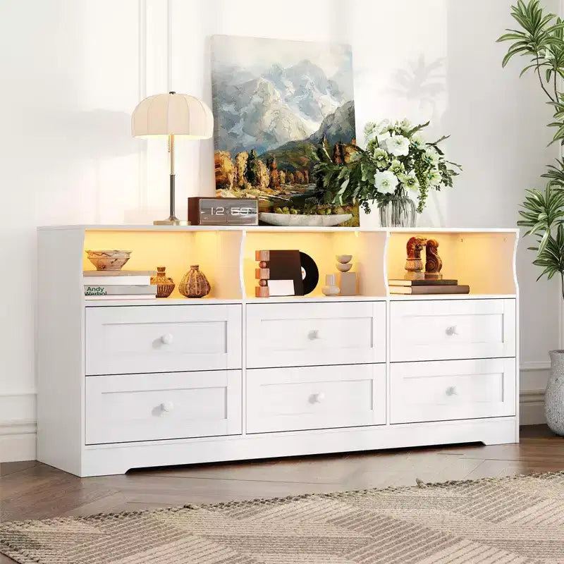 Commode, chiffonnier 6 tiroirs de 160 cm avec lumières RVB et prise de courant, meuble TV en bois avec étagères ouvertes