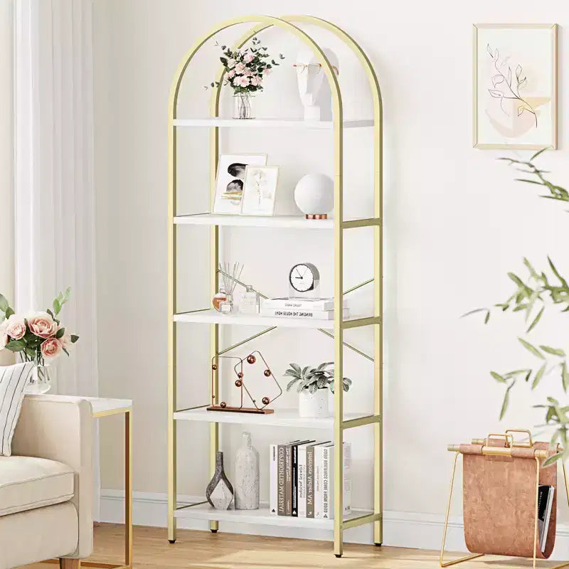 5-Tier Arched Bookshelf  70.8 Tall Freestanding Storage Rack Gold & White for Living Room Bedroom Office