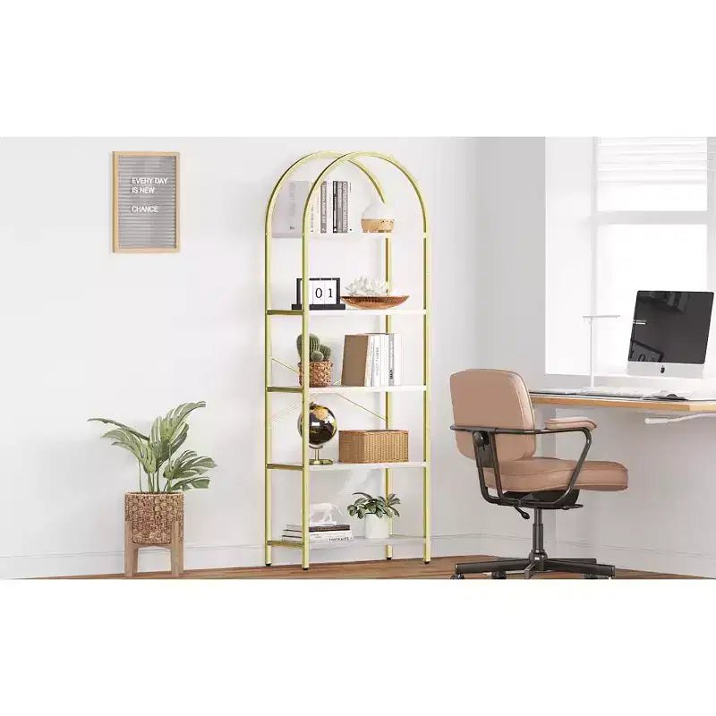 Étagère arquée à 5 niveaux, 180 cm de haut, rangement autoportant, doré et blanc, pour salon, chambre, bureau