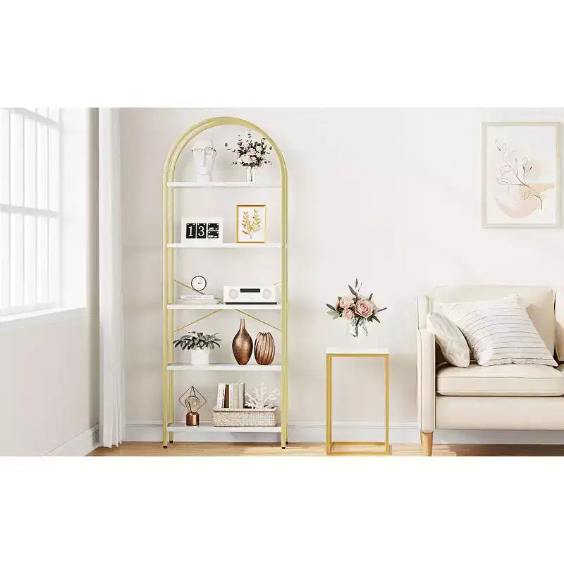 Étagère arquée à 5 niveaux, 180 cm de haut, rangement autoportant, doré et blanc, pour salon, chambre, bureau