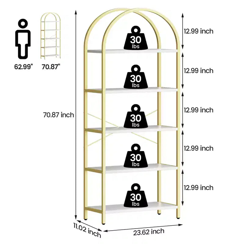 Étagère arquée à 5 niveaux, 180 cm de haut, rangement autoportant, doré et blanc, pour salon, chambre, bureau