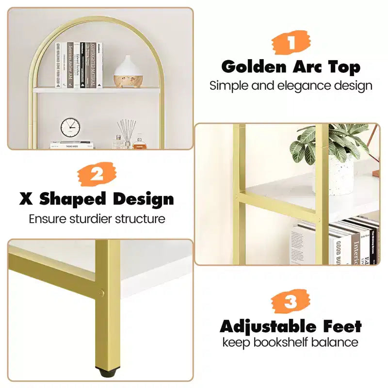 Étagère arquée à 5 niveaux, 180 cm de haut, rangement autoportant, doré et blanc, pour salon, chambre, bureau