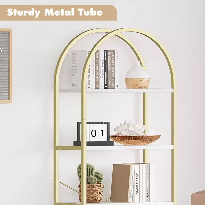 Étagère arquée à 5 niveaux, 180 cm de haut, rangement autoportant, doré et blanc, pour salon, chambre, bureau