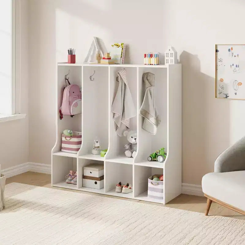 Portemanteau-casier pour salle de classe, organisateur de rangement à 4 sections avec 8 crochets, pour la maison, l'école, la crèche, la maternelle