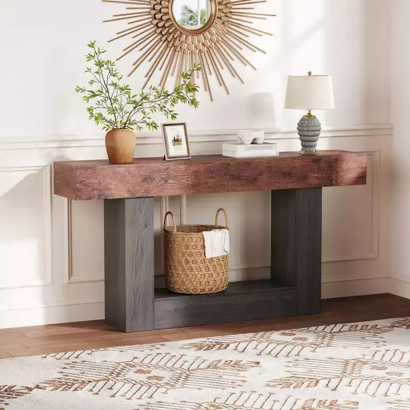 Table d'entrée de 63 pouces, console étroite et longue à 2 niveaux avec rangement et station de charge, table de canapé en bois de style ferme derrière le canapé pour l'entrée, le foyer