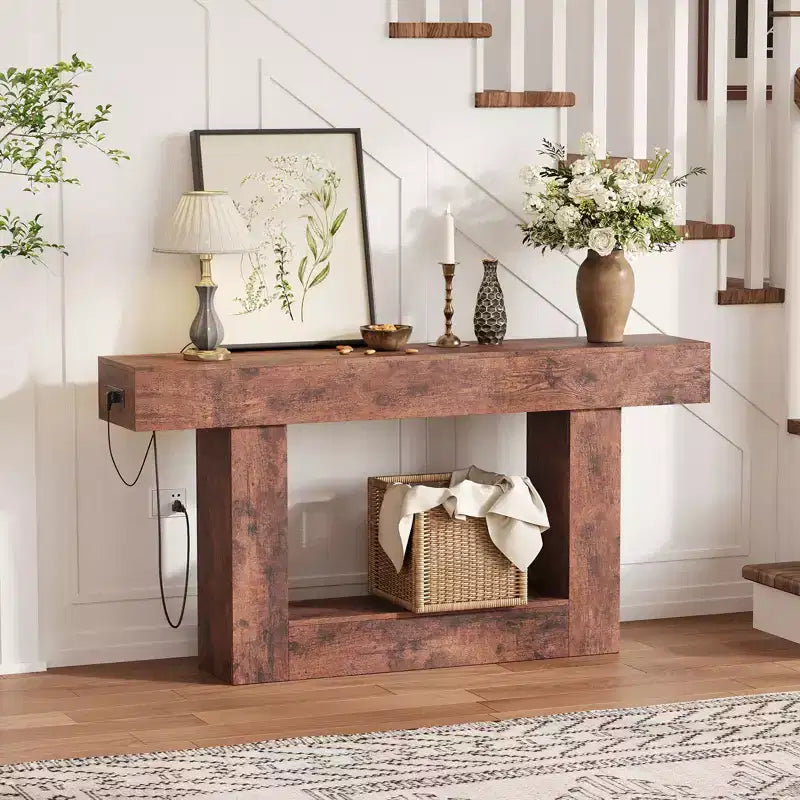 Table d'entrée de 63 pouces, console étroite et longue à 2 niveaux avec rangement et station de charge, table de canapé en bois de style ferme derrière le canapé pour l'entrée, le foyer