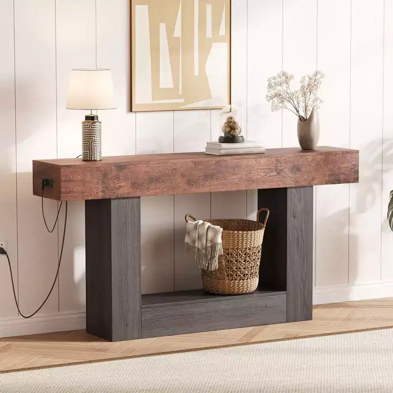 Table d'entrée de 63 pouces, console étroite et longue à 2 niveaux avec rangement et station de charge, table de canapé en bois de style ferme derrière le canapé pour l'entrée, le foyer