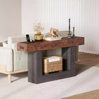 Table d'entrée de 63 pouces, console étroite et longue à 2 niveaux avec rangement et station de charge, table de canapé en bois de style ferme derrière le canapé pour l'entrée, le foyer
