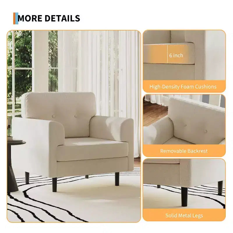 Fauteuil d'appoint avec accoudoirs larges de 38 po, chaise de lecture et de salon rembourrée en lin, mousse haute densité, pour salon, chambre à coucher, bureau