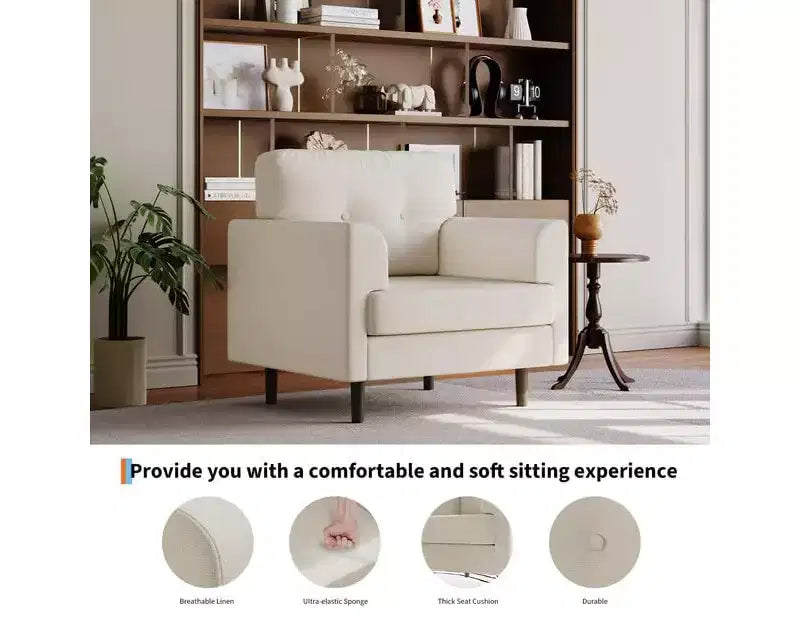 Fauteuil d'appoint avec accoudoirs larges de 38 po, chaise de lecture et de salon rembourrée en lin, mousse haute densité, pour salon, chambre à coucher, bureau