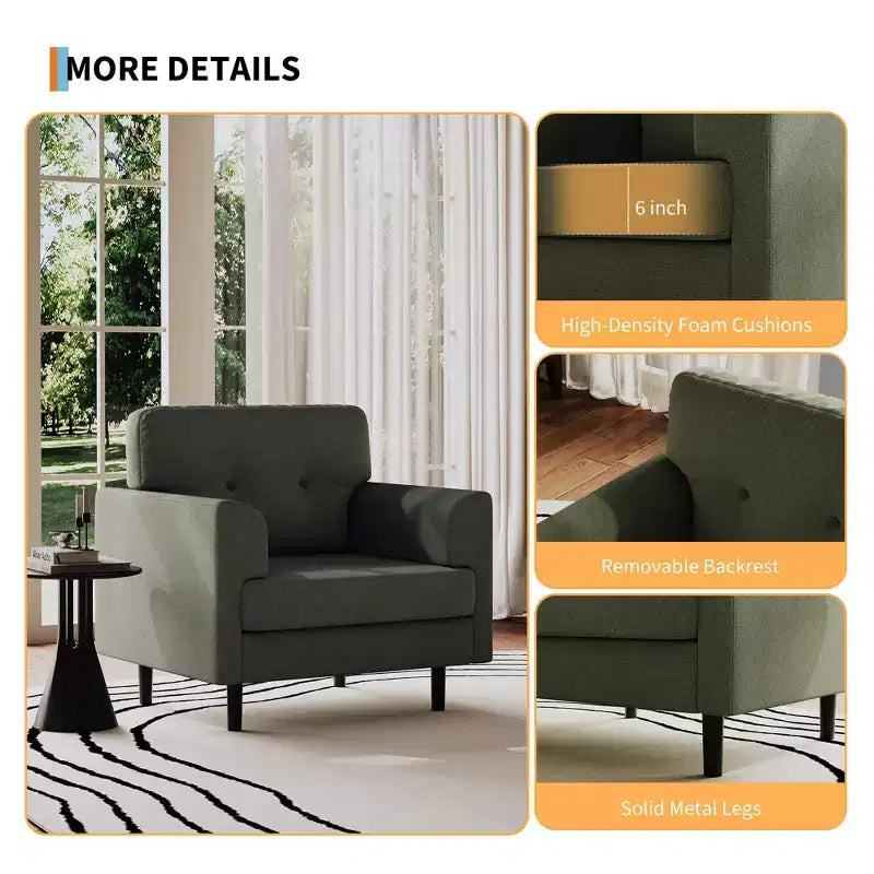 Fauteuil d'appoint avec accoudoirs larges de 38 po, chaise de lecture et de salon rembourrée en lin, mousse haute densité, pour salon, chambre à coucher, bureau