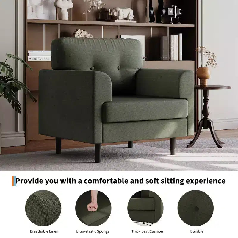 Fauteuil d'appoint avec accoudoirs larges de 38 po, chaise de lecture et de salon rembourrée en lin, mousse haute densité, pour salon, chambre à coucher, bureau