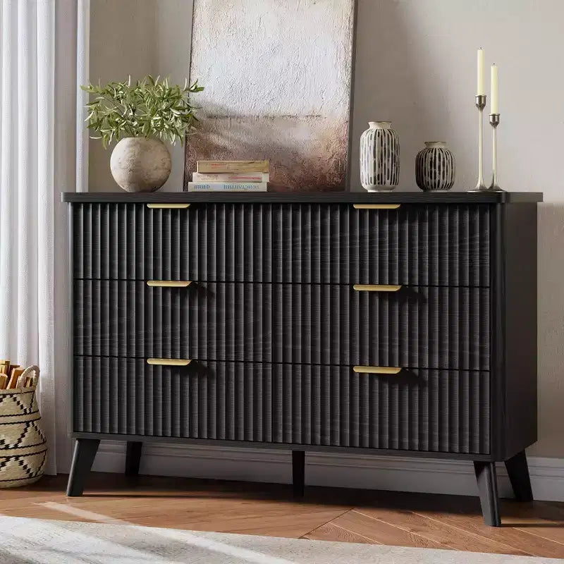 Dresser for Bedroom with 6 Deep Drawers, Modern Chest of Drawers, Wooden Dresser TV Stand, Curved Profile Design, for Living Room, Hallway, Black
