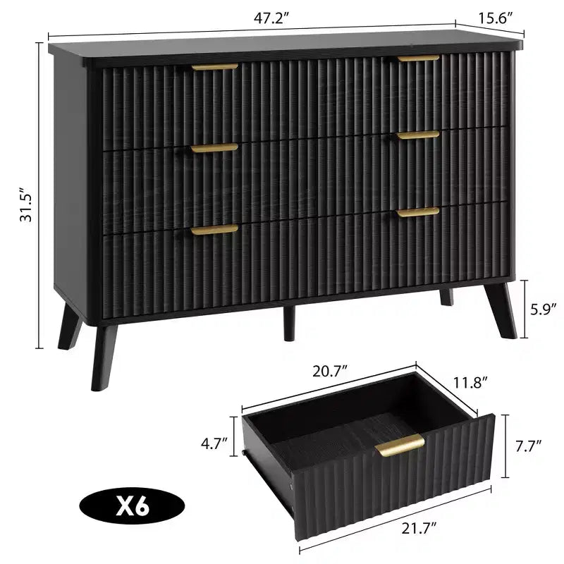Commode de chambre avec 6 tiroirs profonds, commode moderne, meuble TV en bois, design à profil incurvé, pour salon, couloir, noir