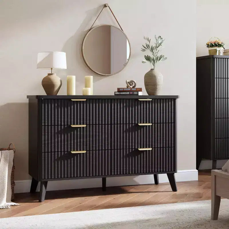 Commode de chambre avec 6 tiroirs profonds, commode moderne, meuble TV en bois, design à profil incurvé, pour salon, couloir, noir