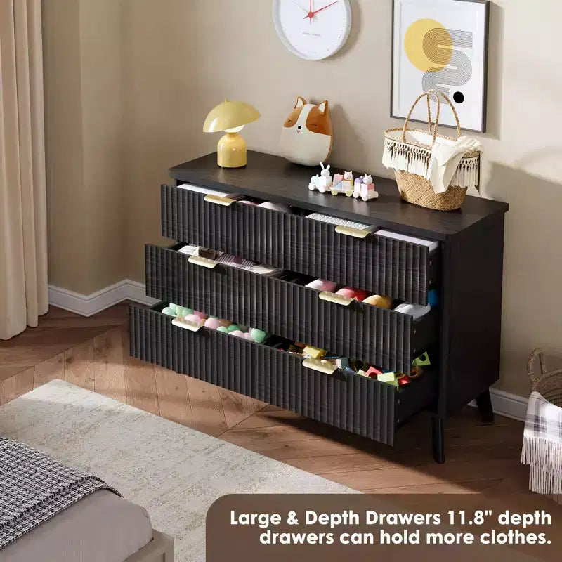 Commode de chambre avec 6 tiroirs profonds, commode moderne, meuble TV en bois, design à profil incurvé, pour salon, couloir, noir