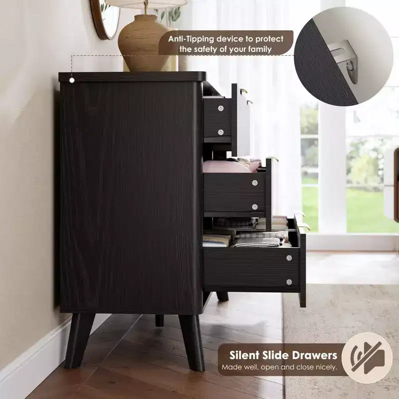 Commode de chambre avec 6 tiroirs profonds, commode moderne, meuble TV en bois, design à profil incurvé, pour salon, couloir, noir