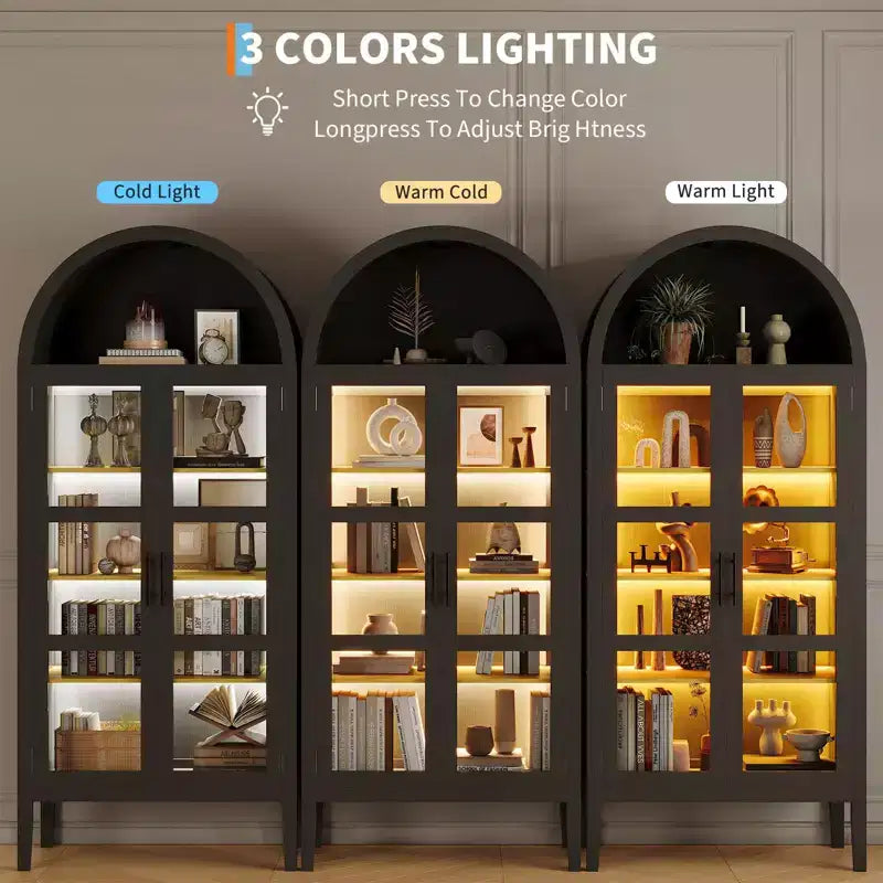 Armoire de Rangement, Desserte de Cuisine Haute 180 cm avec 3 Lumières LED Colorées, Portes en Verre et Étagères Réglables