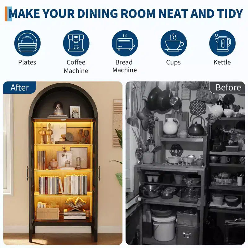 Armoire de Rangement, Desserte de Cuisine Haute 180 cm avec 3 Lumières LED Colorées, Portes en Verre et Étagères Réglables