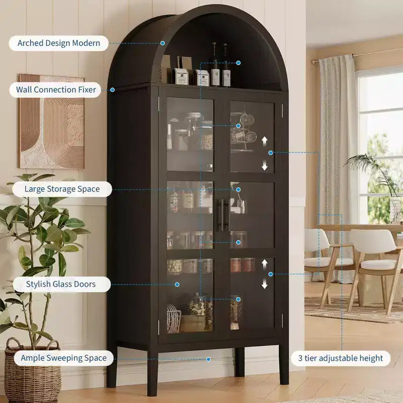 Armoire de Rangement, Desserte de Cuisine Haute 180 cm avec 3 Lumières LED Colorées, Portes en Verre et Étagères Réglables