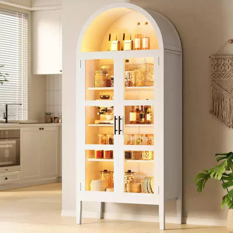 Armoire de Rangement, Desserte de Cuisine Haute 180 cm avec 3 Lumières LED Colorées, Portes en Verre et Étagères Réglables