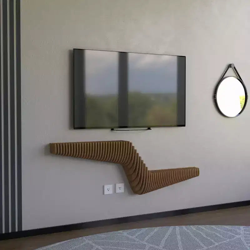 Wear Sierra BATAMEX Parametric 57 inch Floating Shelf TV Unit Modern Geometric Wooden Wall Piece Decor Natural Oak Color 3D Wavy Living Room Shelf