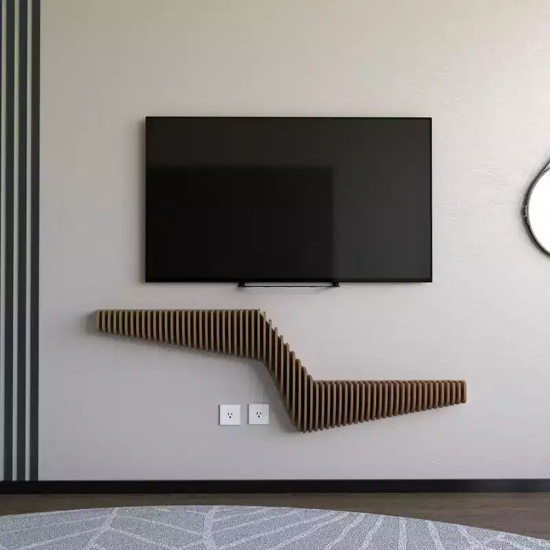 Sierra BATAMEX Meuble TV flottant paramétrique 57 pouces Étagère murale géométrique moderne en bois Décoration couleur chêne naturel Étagère de salon ondulée 3D