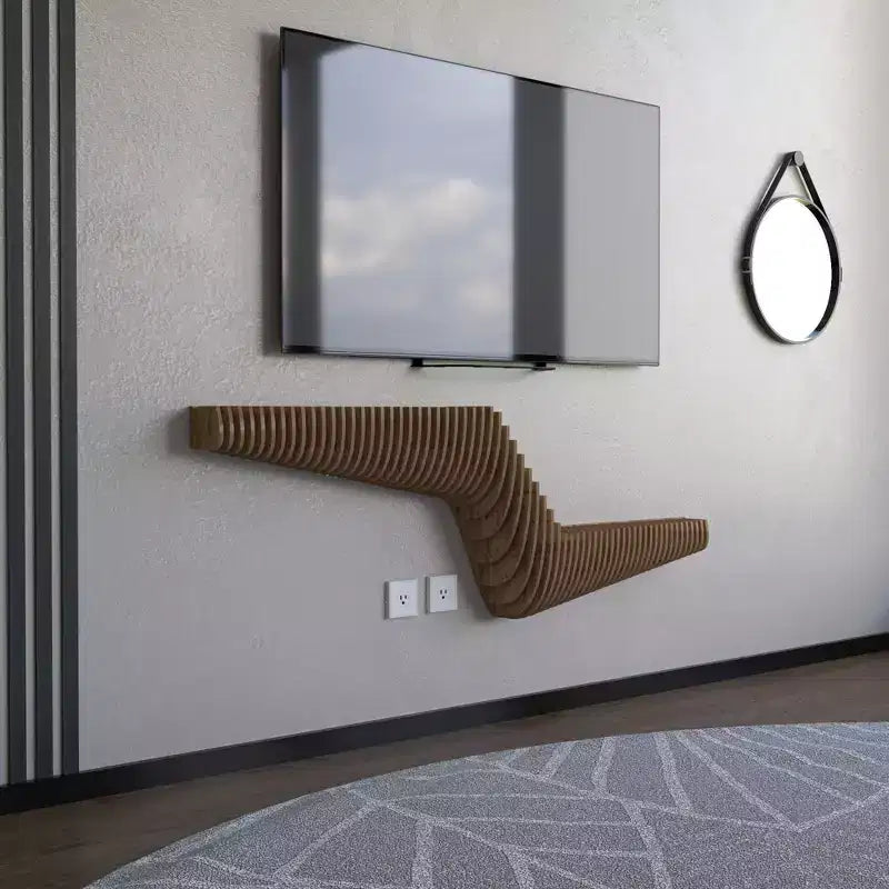 Sierra BATAMEX Meuble TV flottant paramétrique 57 pouces Étagère murale géométrique moderne en bois Décoration couleur chêne naturel Étagère de salon ondulée 3D