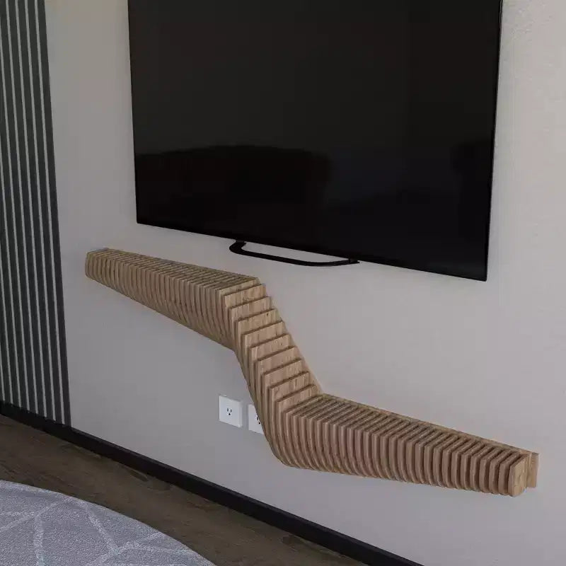 Sierra BATAMEX Meuble TV flottant paramétrique 57 pouces Étagère murale géométrique moderne en bois Décoration couleur chêne naturel Étagère de salon ondulée 3D